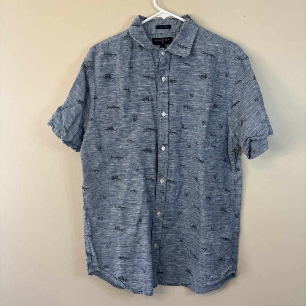 Banana Republic Men's Blue Short Sleeve Shirt, Size Large, Linen Blend
